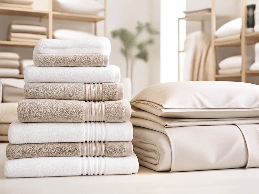 Stack of plush folded cotton towels and bedding