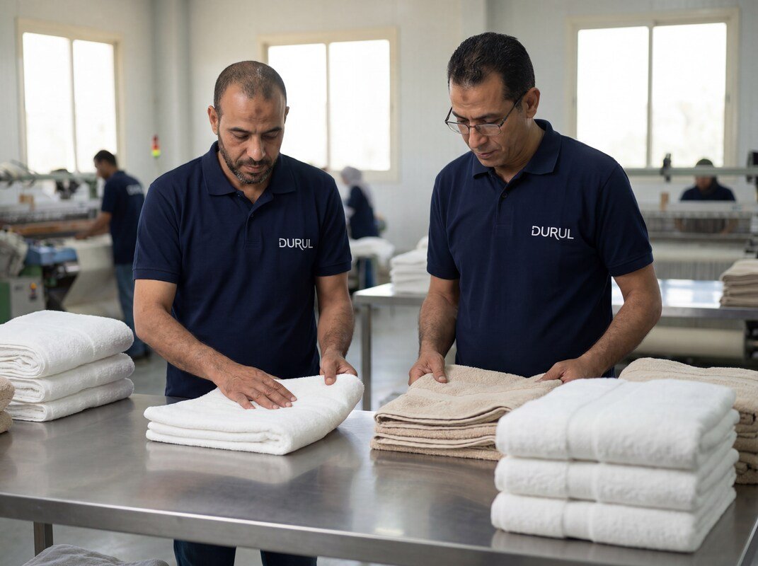 Durul workers folding and inspecting towels